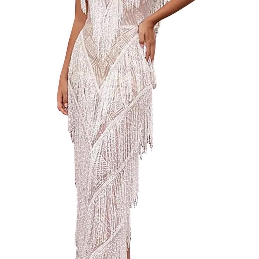 Opixuo Elegant White Fringe Dress